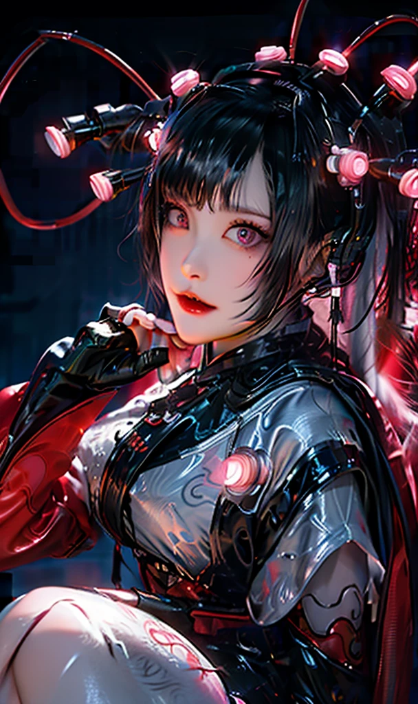 2 girls, japanese kimono outfits, metallic black and pink titanium, cyberhan, cheongsam, cyberpunk city, dynamic pose, detailed glowing headphones, glowing hair accessory, long hair, big breasts, glowing earrings, glowing necklace, cyberpunk, tech city high, full of mechanical and futuristic elements, futuristic, technology, glowing neon, pink, pink light, sexy skirt, see-through black cloak, laser light, urban sky digital background, big moon, with vehicles, top quality, masterpiece, 8K, Character edge light, super high detail, high quality, the most beautiful woman among humans, smile, face facing forward and left and right symmetry, ear decoration, long antennae beam, beautiful pupils, light effects, visual data, silver dyed hair -red-orange, highly detailed facial texture, happy, weapon system, passersby on a busy street, mecha style, glowing antenna on top, rear jet, sitting girl