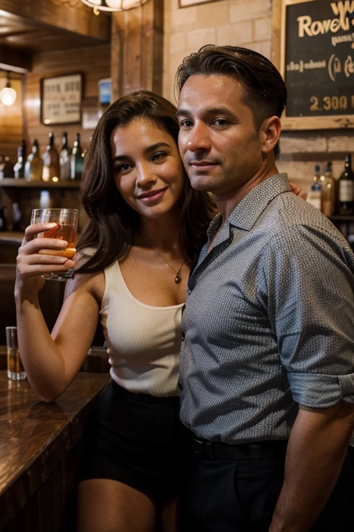 male 40s, island, young woman in her 20s, Joyce, lawyer 30 years, hugging in a bar , taking a selfie