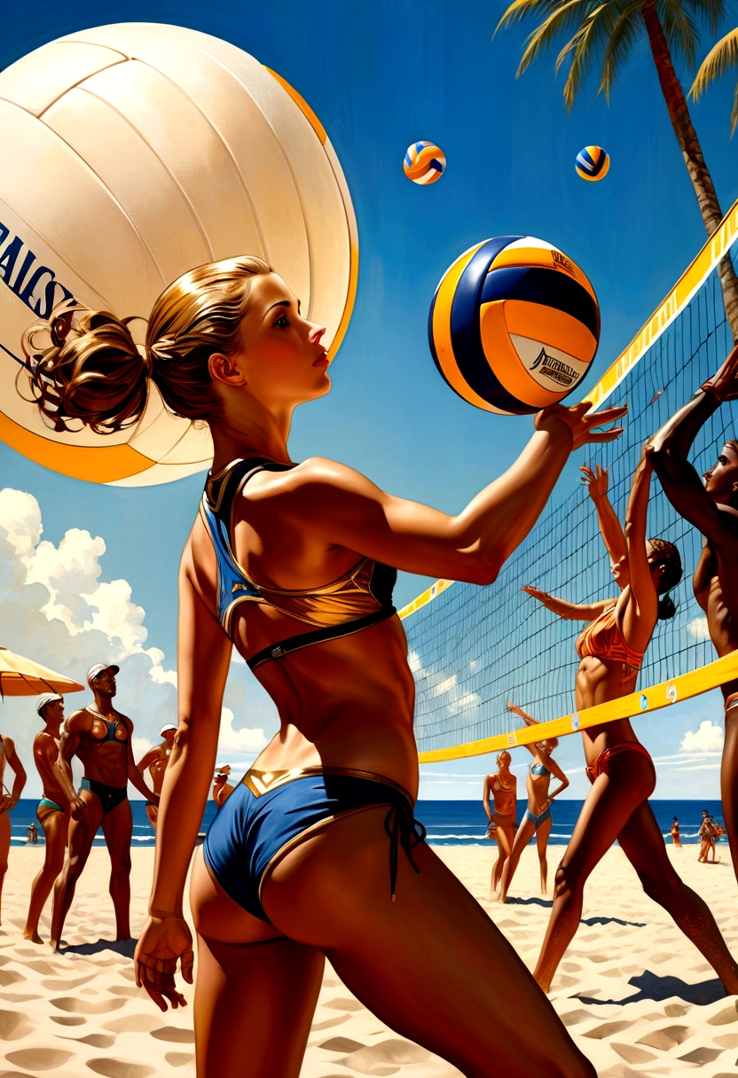 Beach Volleyball, by lois van baarle, full body, cinematic still, cinemascope, best quality, masterpiece, very aesthetic, perfect composition, intricate details, ultra-detailed, vivid colors