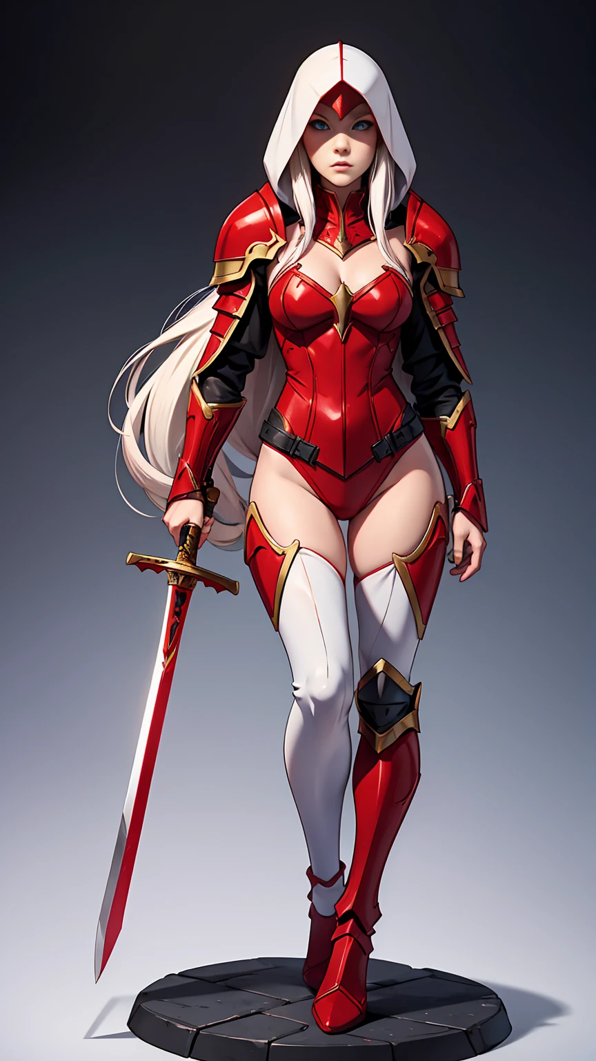 ((full body photo))) 1 An albino knight girl with long hair wearing heavy armor with a red hood carrying long swords
