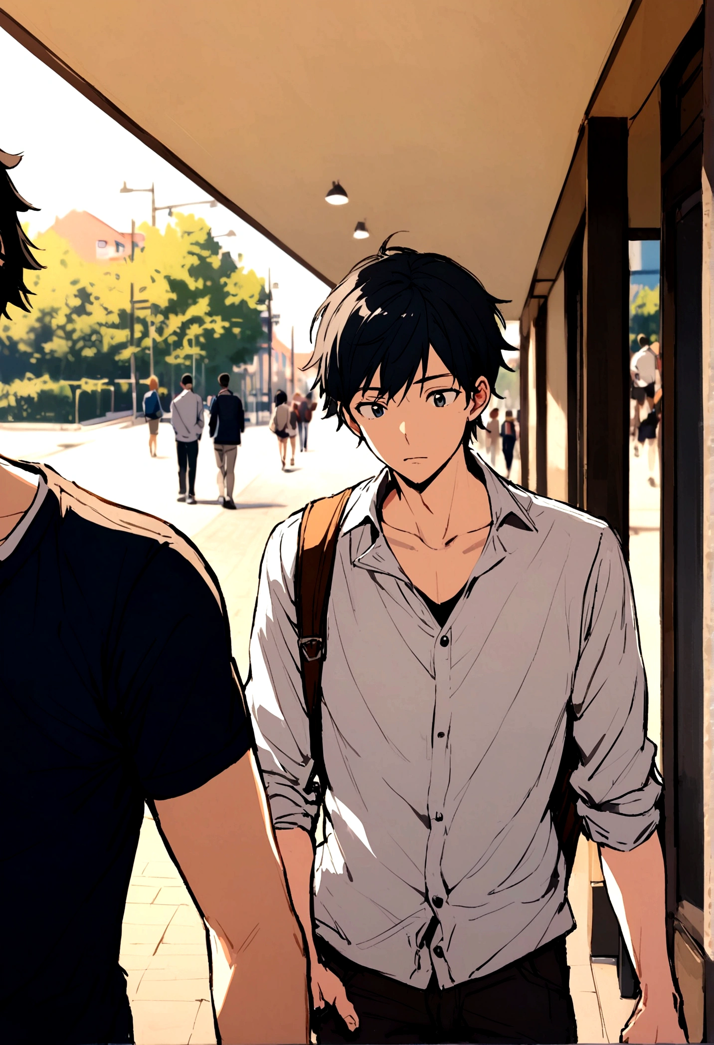 Guy, black hair, casual clothes, school background