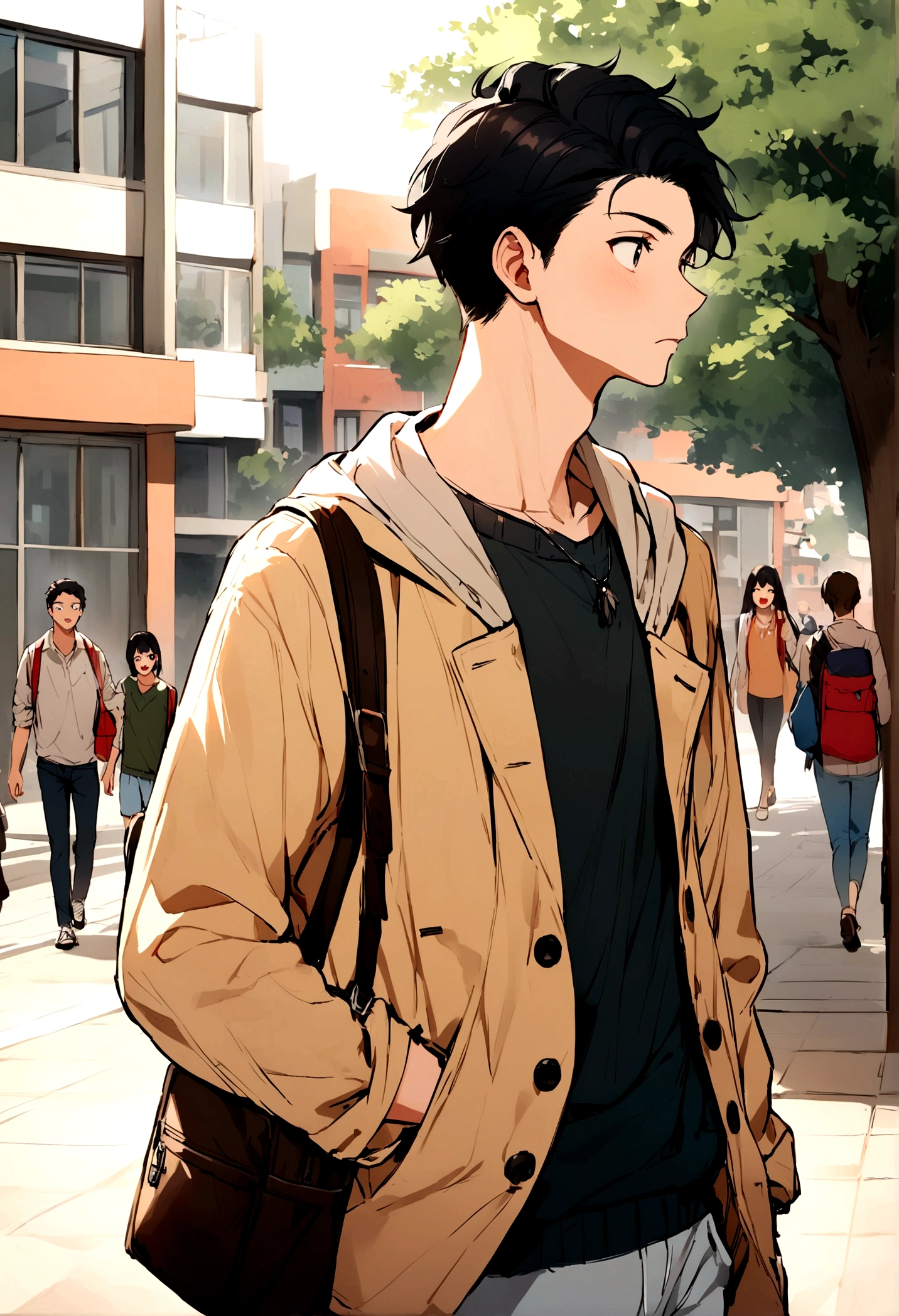 Guy, black hair, casual clothes, school background