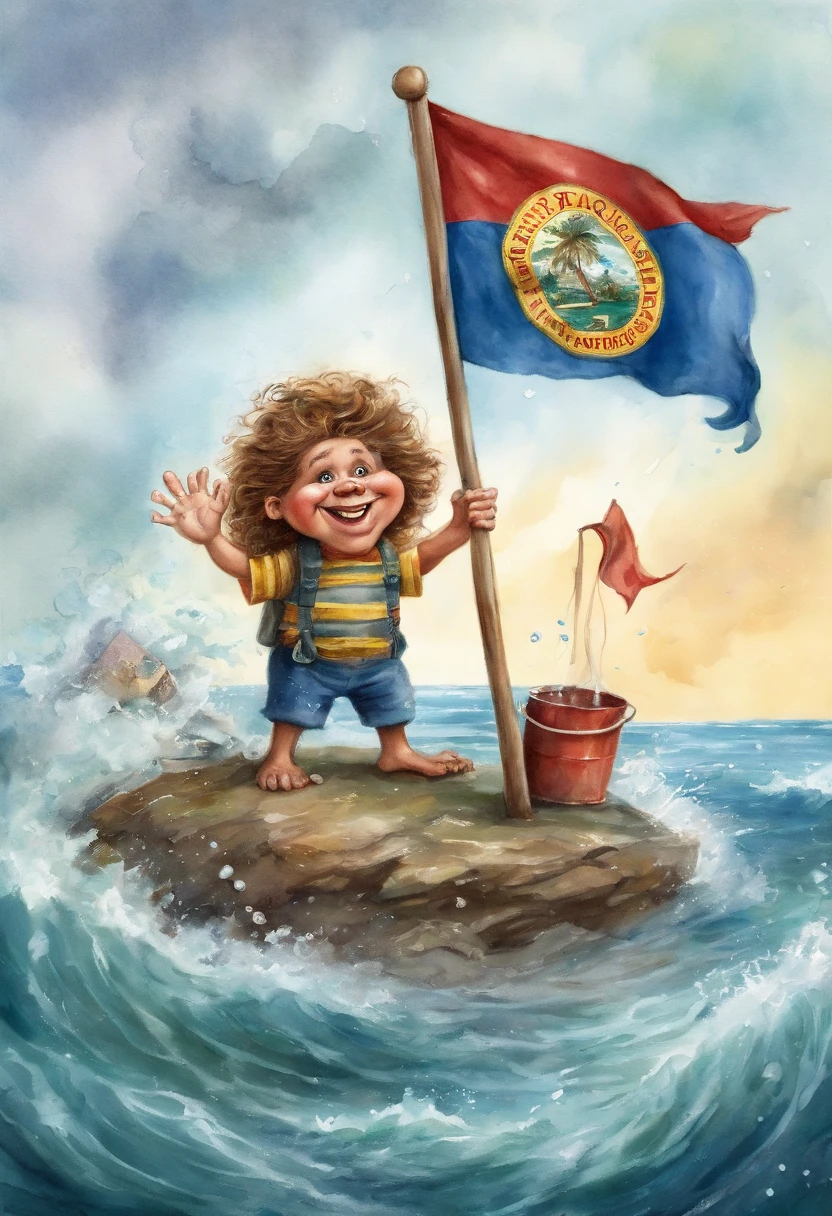 ((long haired man inbtoad during hurricane waving the florida flag, garbage pail kids style)), under water, 3d cartoon, high quality, detailed,