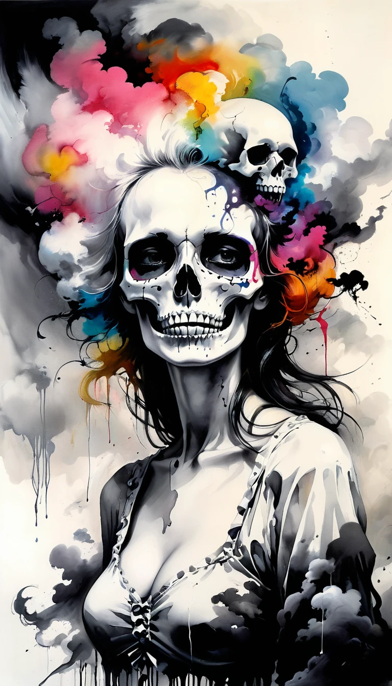 Abstract colorful ink painting of a woman , skull, Before you lose consciousness ; Black and white clouds, crazy devil, A colorful painting by Stephen Gammell、Detailed mixed media ink illustrations, Rafael Ossola, John Eggcranes,