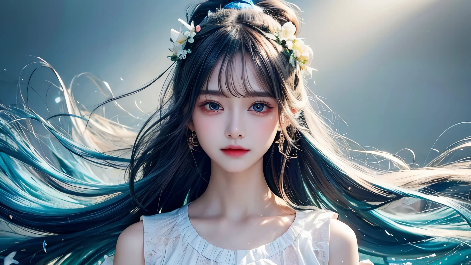 (masterpiece), (best quality), (ultra detailed),(disheveled hair),(illustration), (1girl), (Fashionable clothing), standing, Fashion model, looking at viewer, (interview), (simple background),beautiful detailed eyes, delicate beautiful face, Floating,(high saturation),(colorful splashes),colorful bubble,(shining), focus on face, ponytail, kamisato ayaka, light blue hair, bangs, hair ring, floating flowers, floating hairs, (shining), best lighting, best shadow,