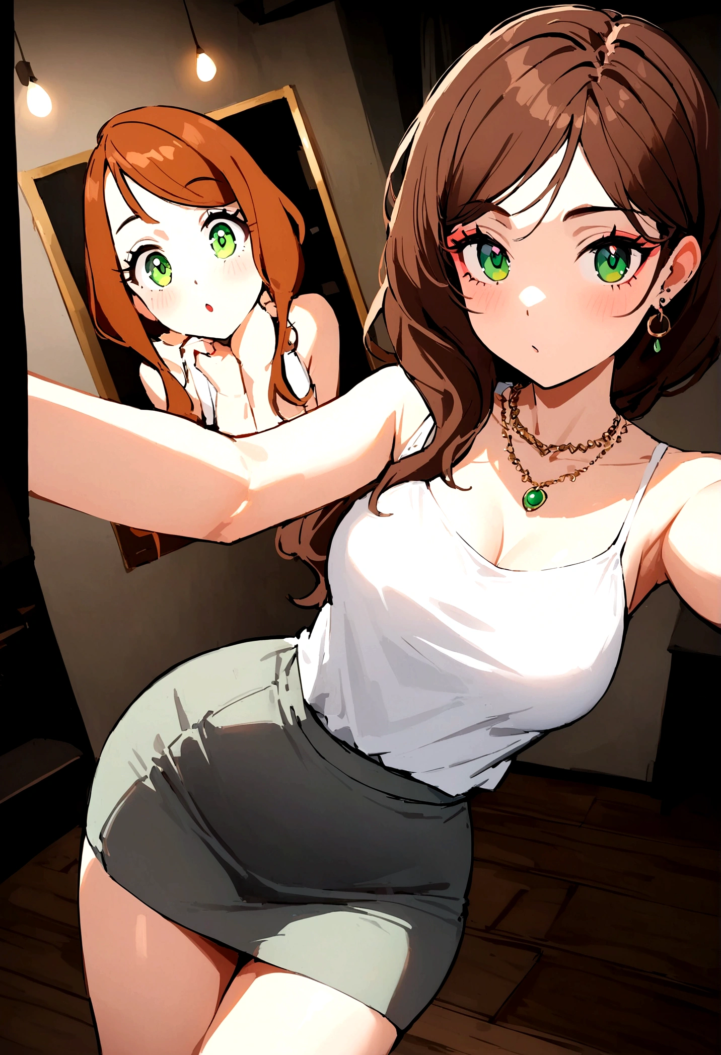 arafed woman with a white tank top and a necklace in a club,  with green eyes, portrait sophie mudd, brown hair and large eyes, selfie of a young woman, bedroom eyes, violet myers, without makeup, natural makeup, looking directly at the camera, face with artgram, subtle makeup, stunning full body shot, piercing green eyes, beautiful angle, attractive pose, cute girl, sexy pose, full body picture, full body, full body shoot,  wearing grey skirt and boots