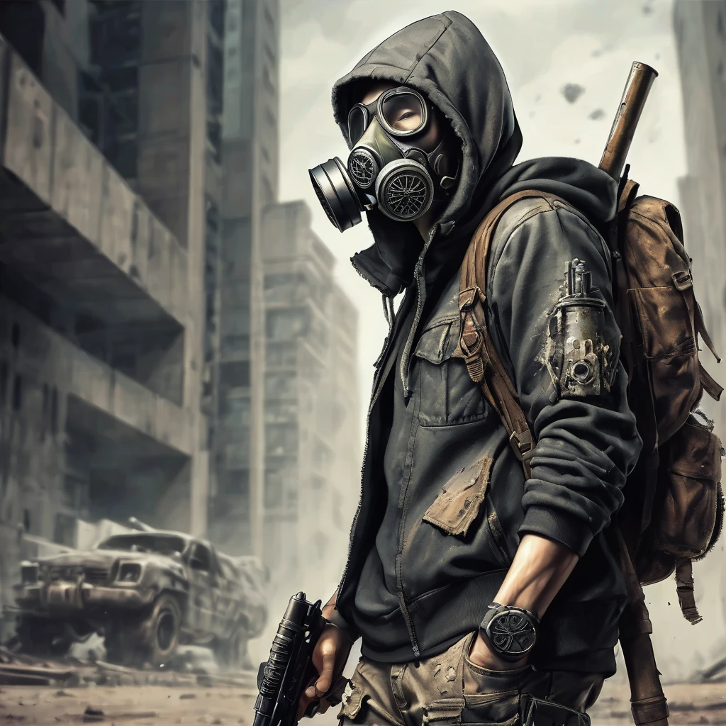 Post apocalyptic survival hoodie warrior gas mask holding rifle fantasy artwork 