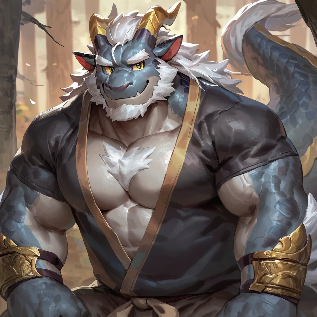 (artist: gamma_g, lindong, null-ghost, dangpa) 1male, sfw, eastern dragon, , bara, one fluffy tail, old man, fluffy mane, , grey body, white hair, background, dark shadows, solo, scales, detailed scales, golden decals, casual clothes, branch horns, sharp short ears, yellow iris, white sclera, big eyes, white beard, white mustache, sharp iris, thick thighs, muscular legs, veiny, fluffy hair, detailed face:2.0, one tail, masterpiece:2.0, sharp fang, perfect eyes, smug, chest fluff