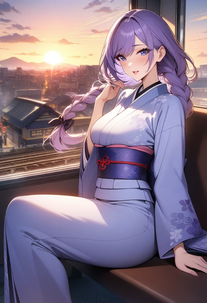 masterpiece, best quality, very aesthetic, absurdres, 1girl, mature_lady, ,Lilac hairsingle braid,blue Japanese clothes, obi,on a bench in a train,the sun set, city landscape over the window,,floating_hair