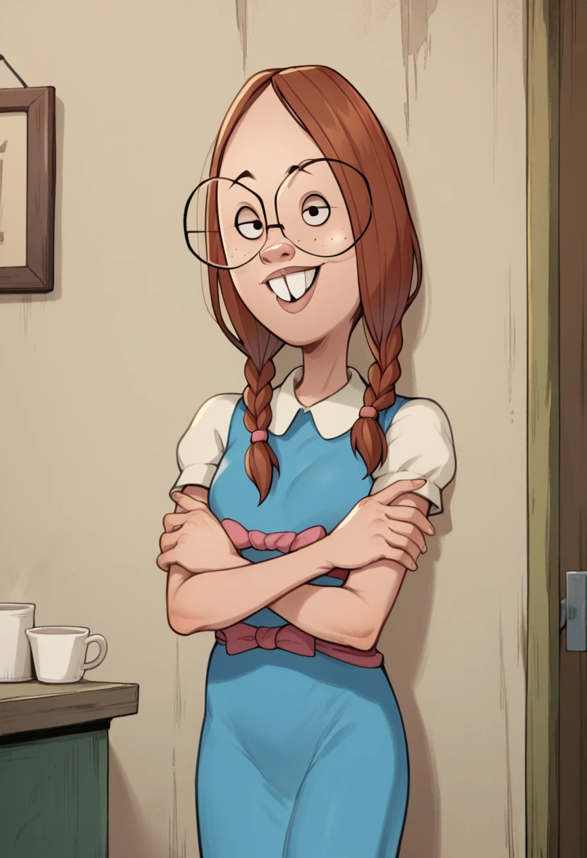 zPDXL, zPDXLxxx, score_9, score_8_up, score_7_up, score_6_up, score_5_up, score_4_up, BREAK  gretchen_grundler, 1girl, dress, crossed arms, glasses, braid, looking at viewer, smile, buck teeth, short sleeves, blue dress, indoors, leaning against wall