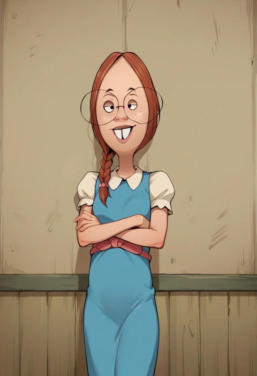 zPDXL, zPDXLxxx, score_9, score_8_up, score_7_up, score_6_up, score_5_up, score_4_up, BREAK  gretchen_grundler, 1girl, dress, crossed arms, glasses, braid, looking at viewer, smile, buck teeth, short sleeves, blue dress, indoors, leaning against wall