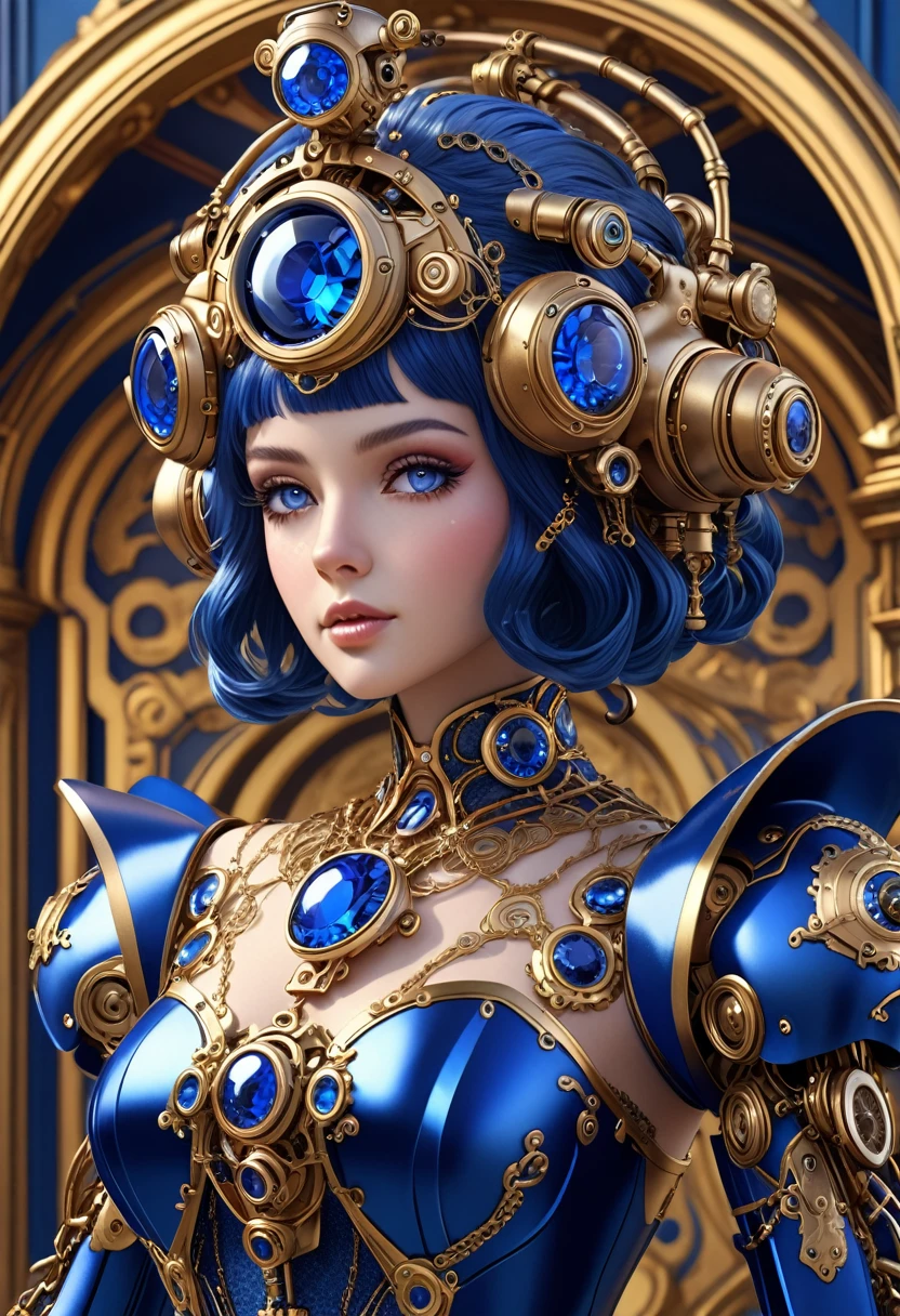 A steam punk style sapphire robot with a human like sapphire face. female figure. Wearing wig of spun sapphire. Ultra HD, Rococo-Inspired Fantasy Art With Intricate Details. (8K High Resolution) (top-quality)
