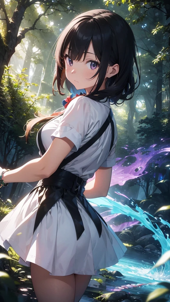 "Create an art piece where a mystical forest blends seamlessly with flelements, inspired by the vibrant color palettes and dynamic angles commonly found in anime. Capture the essence of both nature and technology coexisting harmoniously."