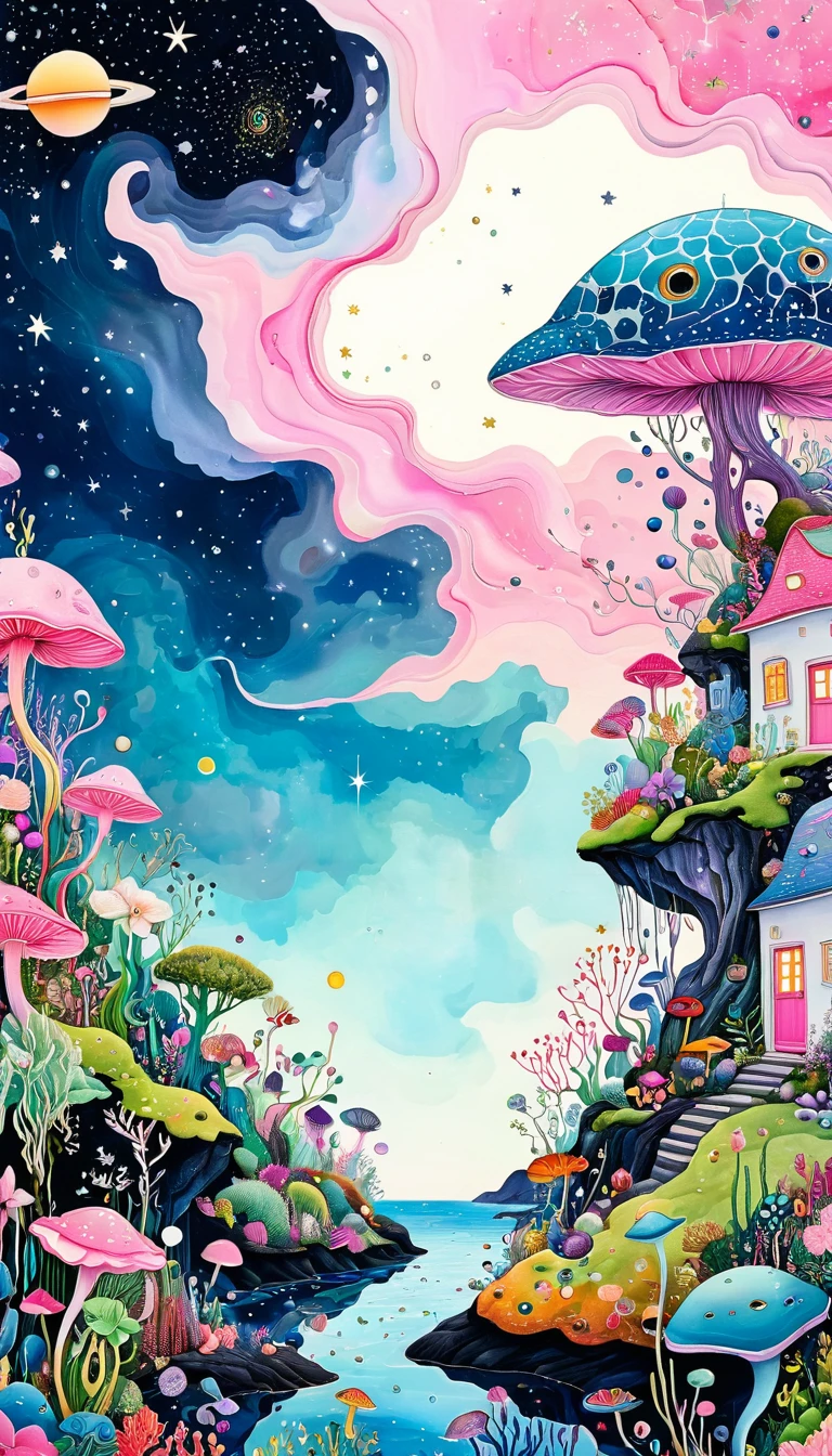 microorganism、plant、Marine life、1Stars dripping from my eyes、Starry Sky，Stitched into an abstract painting，Describing the inner world of autistic people，Sense of space，White Space，Childish lines，Psychedelic Art