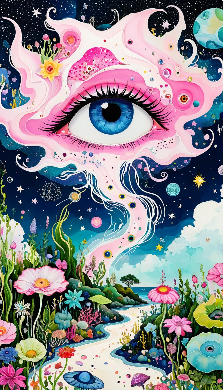 Bud Cottage，microorganism、plant、Marine life、Eye、Starry Sky，Stitching together an abstract painting，Describing the inner world of autistic people，Sense of space，White Space，interesting，Innocence，Psychedelic Art，Pink theme