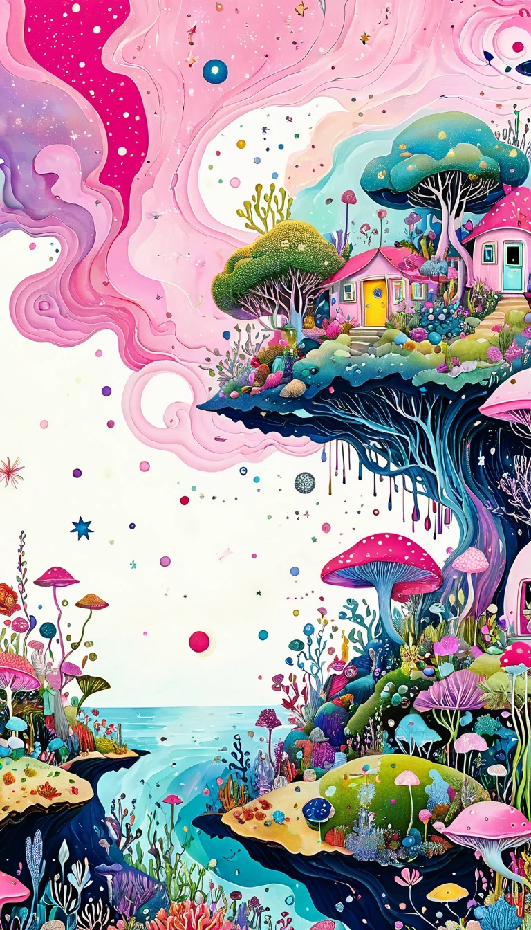 Bud Cottage,microorganism、plant、Marine life、Eye、Starry Sky,Stitching together an abstract painting,Describing the inner world of autistic people,Sense of space,White Space,interesting,Innocence,Psychedelic Art,Pink theme