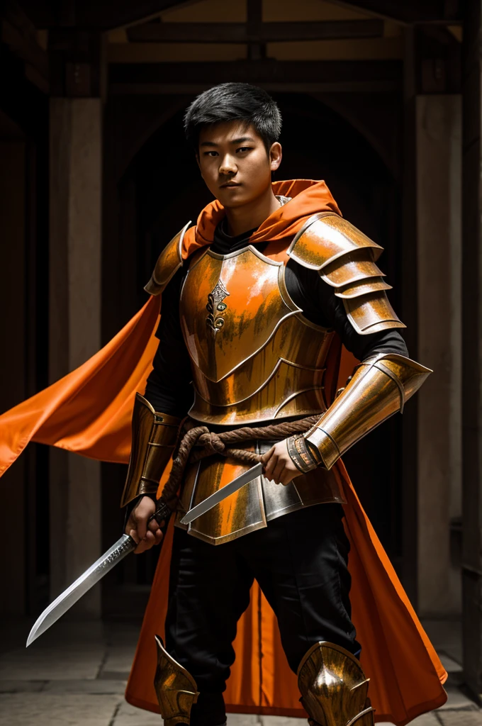 Teenage Asian man wearing orange knight armor with an orange cape, holds a broadsword in one hand