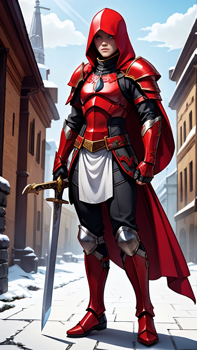 ((full body photo))) 1 An albino knight girl with long hair wearing heavy armor with a red hood carrying long swords
