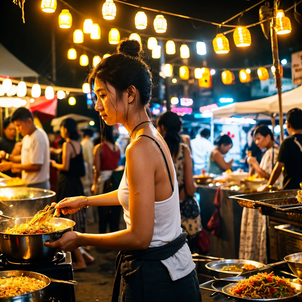 Realistic image of a Malaysian woman (slightly curvy), long black hair (messy low bun), cooking at a night market or roadside stall. The woman was wearing a white tank top (wet with sweat) and a batik cloth around her waist. He looked sweaty and focused on the large frying pan in front of him which contained fried rice or other food which he stirred with a spatula. Around him there were several people queuing or watching the cooking process. The lighting comes from light bulbs hanging above, giving this image the warm and intimate atmosphere of a busy market with several buildings and people inside.