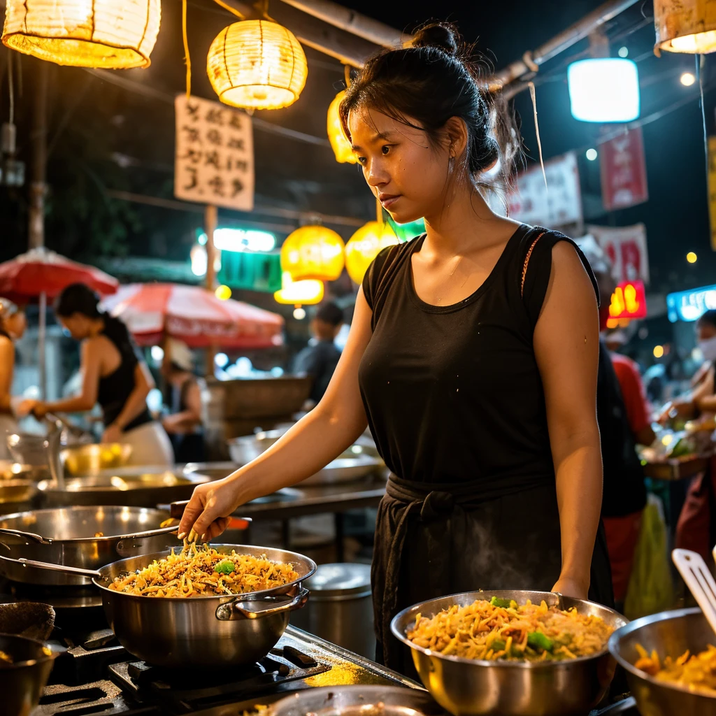 Realistic image of a Malaysian woman (slightly curvy), long black hair (messy low bun), cooking at a night market or roadside stall. The woman was wearing a white tank top (wet with sweat) and a batik cloth around her waist. He looked sweaty and focused on the large frying pan in front of him which contained fried rice or other food which he stirred with a spatula. Around him there were several people queuing or watching the cooking process. The lighting comes from light bulbs hanging above, giving this image the warm and intimate atmosphere of a busy market with several buildings and people inside.