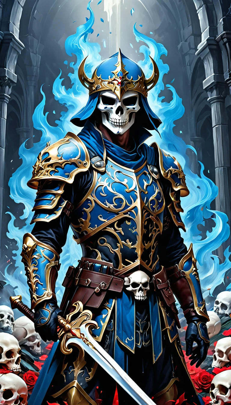 There is blood, 1 boy, Skull Mask,armor, Male focus, Solitary,arms,sword,peak,Looking at the audience, blue_fire,sleep, Put on your hat, Keep, (masterpiece), (best quality), Human Development Report, Intricate details,