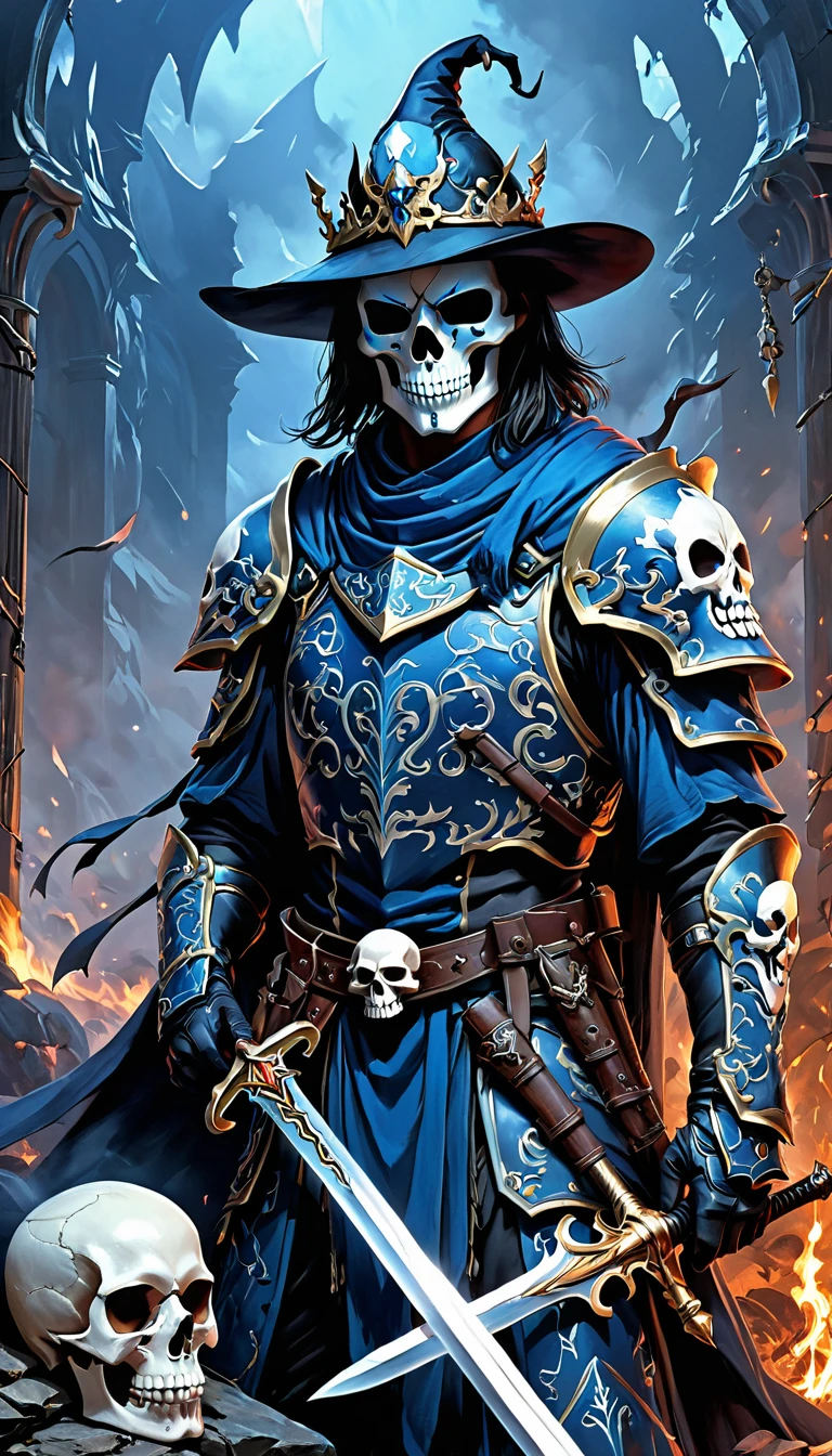 There is blood, 1 boy, Skull Mask,armor, Male focus, Solitary,arms,sword,peak,Looking at the audience, blue_fire,sleep, Put on your hat, Keep, (masterpiece), (best quality), Human Development Report, Intricate details,