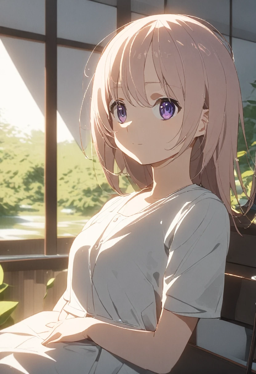 (masterpiece, Very detailed, Exquisite, beautiful, Full HD, High resolution, Absurd), Lilia, A girl with long pink hair, blue eyes, a white dress with black lace, a big pink ribbon on her chest, a white flower hair ornament around her right ear. In the quiet garden, Sitting on a bench, afternoon, Balanced, Eye level shot, Soft and natural light, Character Faces, Smooth, peaceful, anime style, attractive anime, pixiv fan art