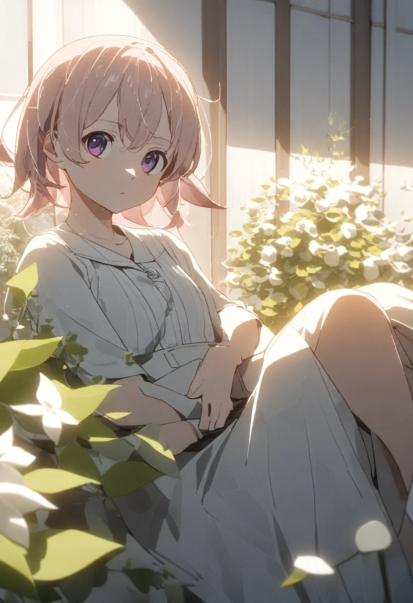 (masterpiece, Very detailed, Exquisite, beautiful, Full HD, High resolution, Absurd), Lilia, A girl with long pink hair, blue eyes, a white dress with black lace, a big pink ribbon on her chest, a white flower hair ornament around her right ear. In the quiet garden, Sitting on a bench, afternoon, Balanced, Eye level shot, Soft and natural light, Character Faces, Smooth, peaceful, anime style, attractive anime, pixiv fan art