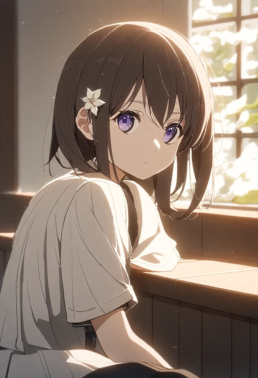 (masterpiece, Very detailed, Exquisite, beautiful, Full HD, High resolution, Absurd), Lilia, A girl with long pink hair, blue eyes, a white dress with black lace, a big pink ribbon on her chest, a white flower hair ornament around her right ear. In the quiet garden, Sitting on a bench, afternoon, Balanced, Eye level shot, Soft and natural light, Character Faces, Smooth, peaceful, anime style, attractive anime, pixiv fan art