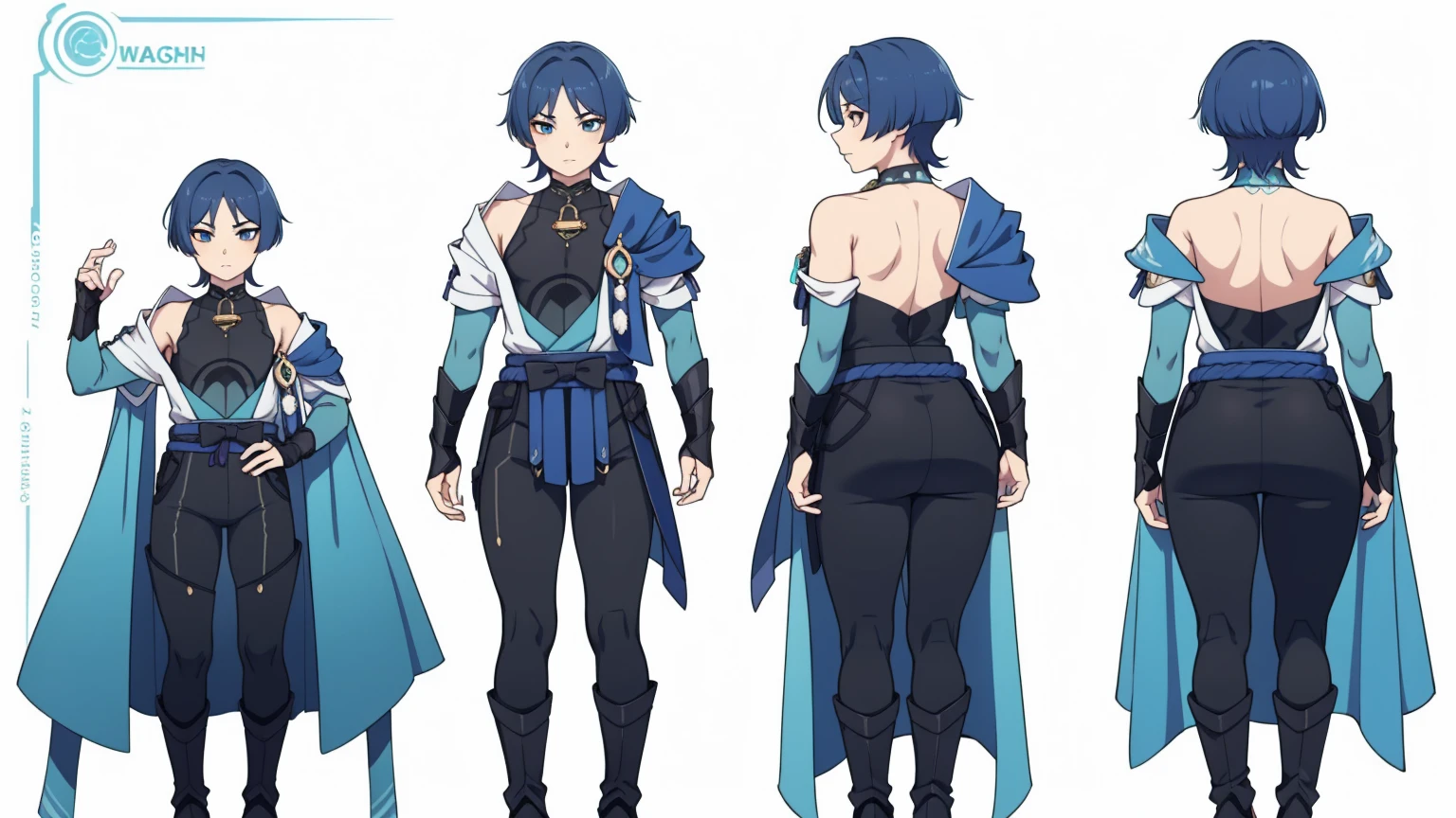 Body armor, shoulder pads (shiny cyan armor:1.0)Sfw, (Wanderer:1.0)Thin, fit, 1boy, solo, male focus, looking at viewer, upper body, hair, realistic, hat, default clothing, wanderer clothing, (character design sheet, full body, front, side, back), Illustration, environment change, pose (simple background, white background: 1.0)