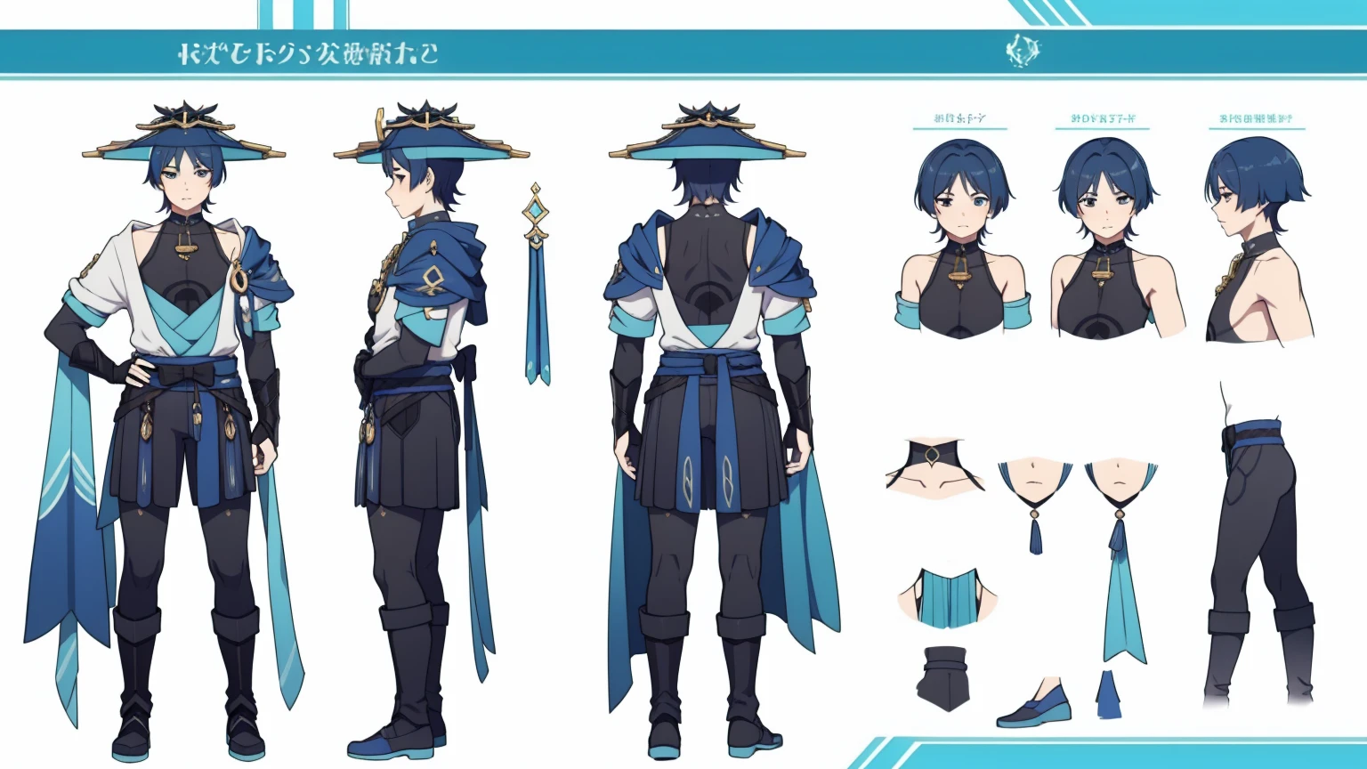 Body armor, shoulder pads (shiny cyan armor:1.0)Sfw, (Wanderer:1.0)Thin, fit, 1boy, solo, male focus, looking at viewer, upper body, hair, realistic, hat, default clothing, wanderer clothing, (character design sheet, full body, front, side, back), Illustration, environment change, pose (simple background, white background: 1.0)