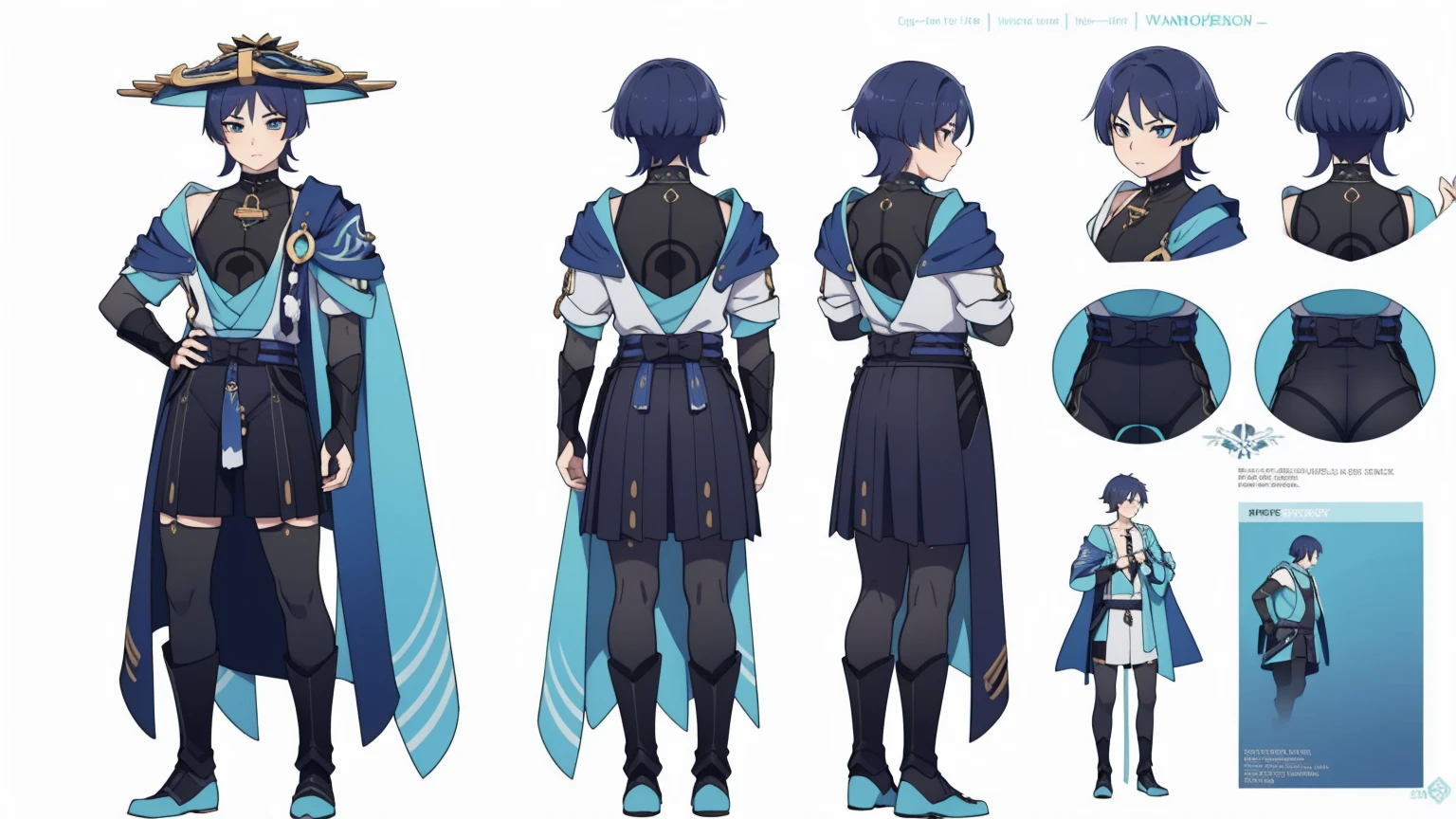 Body armor, shoulder pads (shiny cyan armor:1.0)Sfw, (Wanderer:1.0)Thin, fit, 1boy, solo, male focus, looking at viewer, upper body, hair, realistic, hat, default clothing, wanderer clothing, (character design sheet, full body, front, side, back), Illustration, environment change, pose (simple background, white background: 1.0)