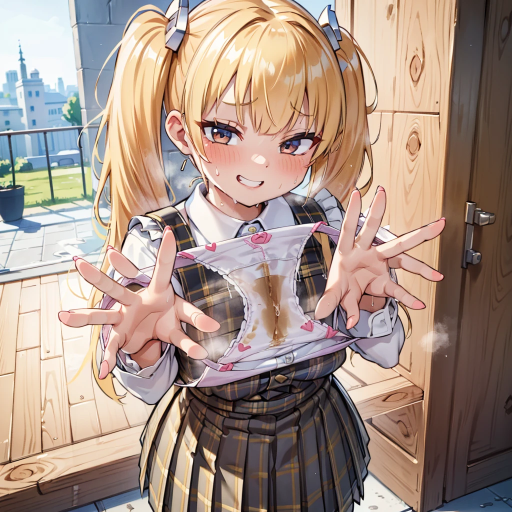 Browsing Caution、blonde, {{{Half Twin Tail:1.hirt, Plaid, blush, white shirt, hair ornaments, Manicure, Plaid skirt, Pleated skirt,
,Pay attention to the pantiequality underwear,
Looking down,View your audience,Panties as a bletop, Highest quality, Perfect Skin, Detailed skin texture, Super detailed, 8K, Intricate details, Beautifully detailed face,High resolution,
Grin, smile, Looking down at the viewer, masterpiece, (((Panties are stained e)))、(((Pussy、Love Juice)))、(((Swea(((body odor)))