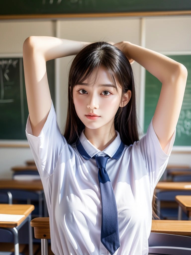 （masterpiece，best quality，high quality，high risk，Extremely detailed）,8K，masterpiece，original photo，best quality，Reality, Complex facial details，1 girl，Fine fabric texture，School，classroom，18 years old，Upper Body，（short sleeve school uniform，Expose your armpits）