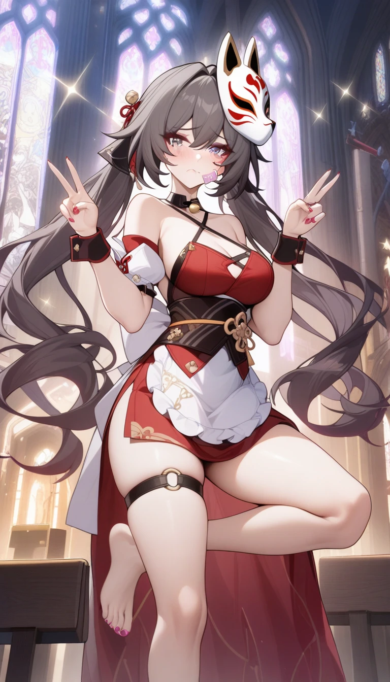 masterpiece, best quality, very aesthetic, absurdres, 1girl, mature_lady, full body, ,sparkle_(honkai:_star_rail), honkai:_star_rail, honkai_(series), 1girl, black_hair, pink_eyes, eyeshadow, facial_mark, makeup, twintails, very_long_hair, jingle_bell, neck_bell,halterneck, fox_mask, mask_on_head, apron, frilled_apron, waist_apron, dress, red_dress, detached_sleeves, criss-cross_halter, o-ring, obi, black_sash, sash, thigh_strap, wrist_cuffs,legs, thighs, toes, feet, bare_shoulders, barefoot, nail_polish, toenail_polish, ,1girl,upper body,Condom in mouth, double V gesture,blush,tears in eyes,embarrassed,in a church,cathedral,floating_hair
