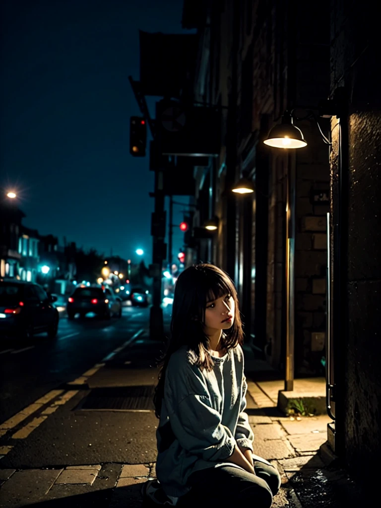  Create an image featuring a person with long, black-colored hair with bangs lying on the ground in an urban nighttime setting. The scene should be illuminated with a greenish, eerie light, giving the image a surreal and otherworldly appearance. The background should include elements like houses, parked cars, and streetlights, enhancing the nighttime atmosphere. The person’s expression should be slightly melancholic or contemplative, adding to the overall mysterious and moody vibe of the image.