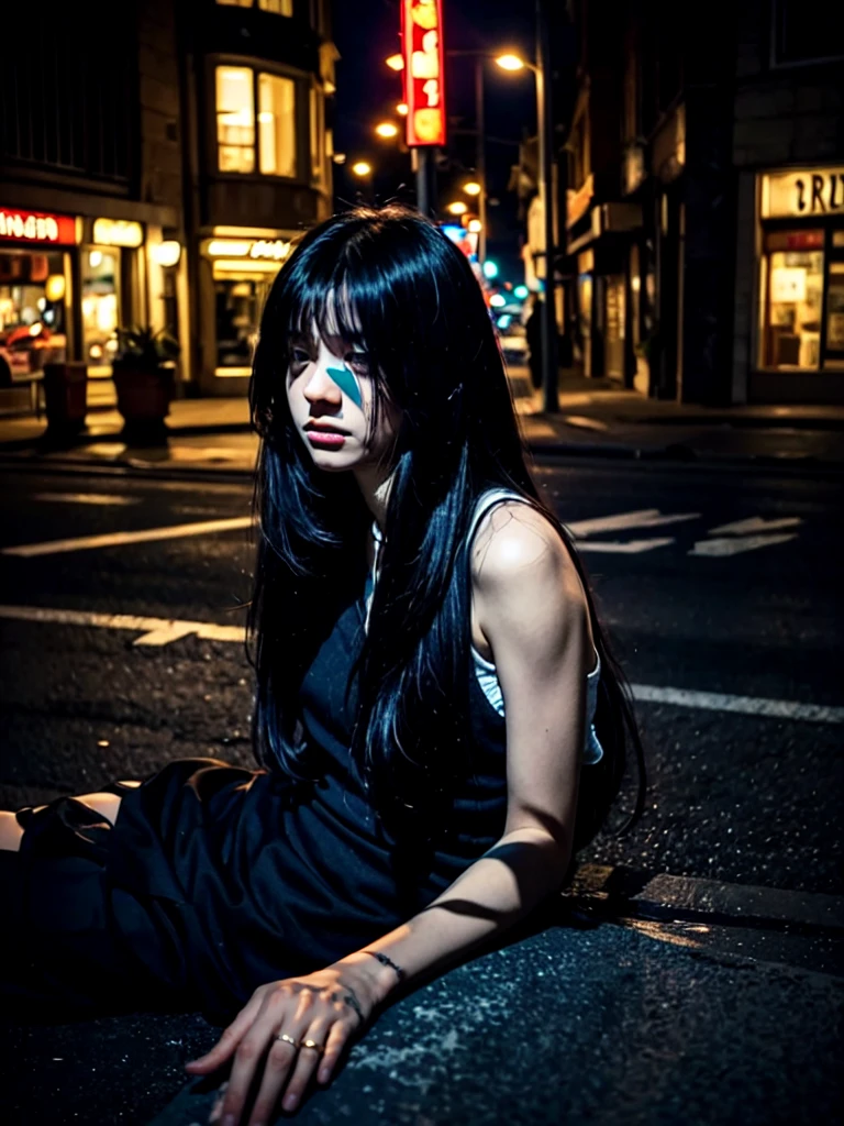  Create an image featuring a person with long, black-colored hair with bangs lying on the ground in an urban nighttime setting. The scene should be illuminated with a greenish, eerie light, giving the image a surreal and otherworldly appearance. The background should include elements like houses, parked cars, and streetlights, enhancing the nighttime atmosphere. The person’s expression should be slightly melancholic or contemplative, adding to the overall mysterious and moody vibe of the image.