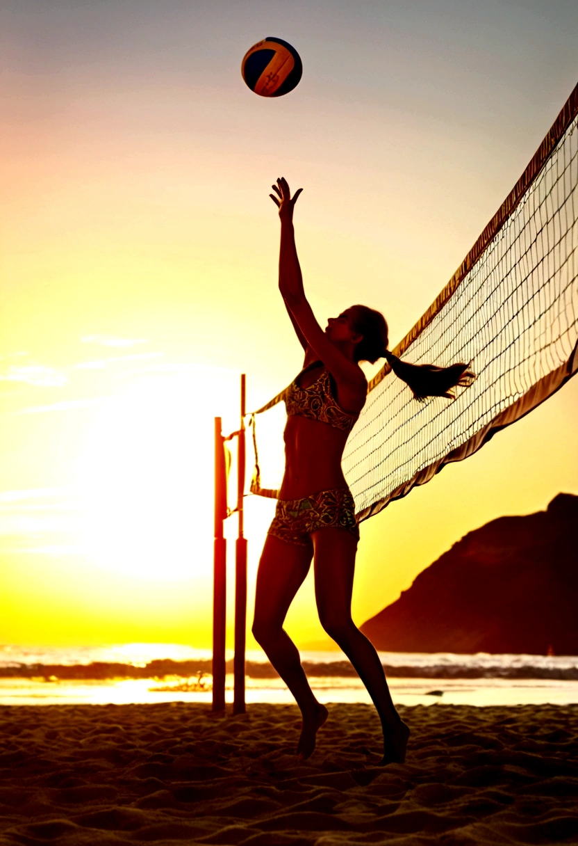 Beach Volleyball, by lois van baarle, full body, cinematic still, cinemascope, best quality, masterpiece, very aesthetic, perfect composition, intricate details, ultra-detailed, vivid colors