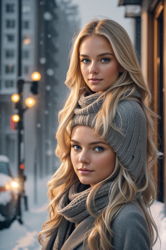 proFessional portrait photograph oF a gorgeous Norwegian girl in winter clothing with long wavy blonde hair, sultry Flirty look, gorgeous symmetrical Face, sweet natural makeup, wearing elegant warm winter Fashion clothing, ((standing outside in a snowy city street)), stunning modern urban environment, ultra realist, conceptual art, elegant, muito detalhado, complicated, sharp Focus, depth oF Field, F/1. 8, 85mm, Medium shot, Medium shot, (((proFessionally color graded))), bright soFt diFFused light, (Volumetric fog), Trending on Instagram, hdr 4k, 8K
