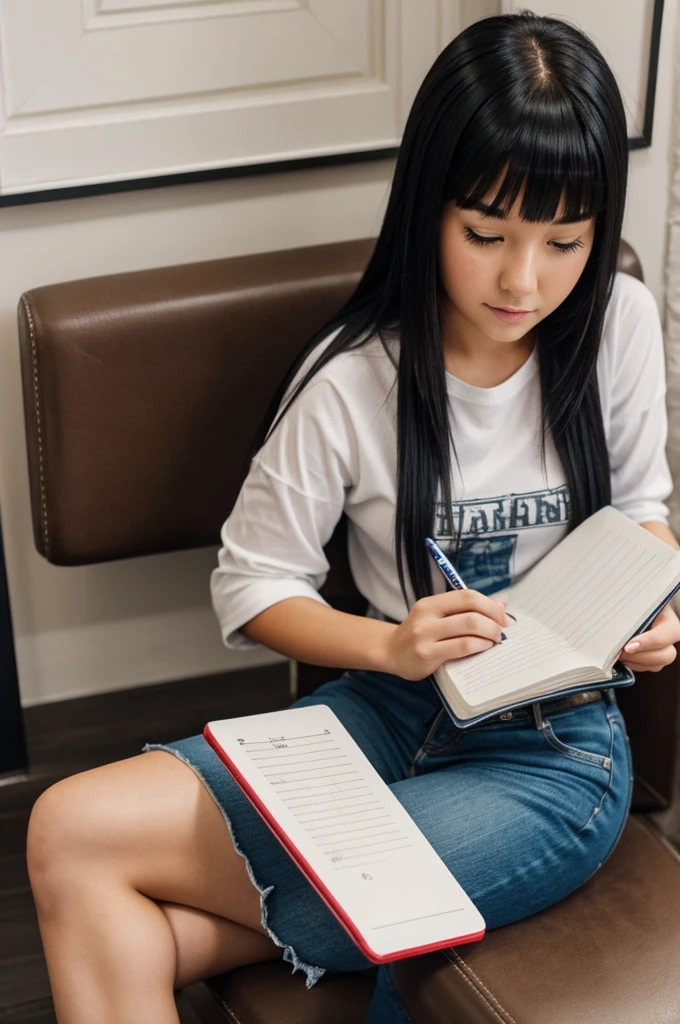 A real Canadian girl sitting with black hair but with the tips dyed red, good body holding a notebook that has the name aliciaml0 written in large pencil
