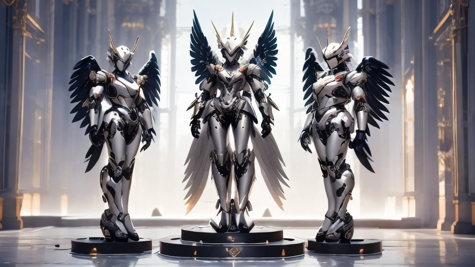 full body woman as an archangel, with black purple cyberdroid, mecha-armor, wearing a short blusher veil, messy hairdo, golden mecha-halo on top of the head, heavy Arch angel mecha-wings, visible face, big chest, bikini armor