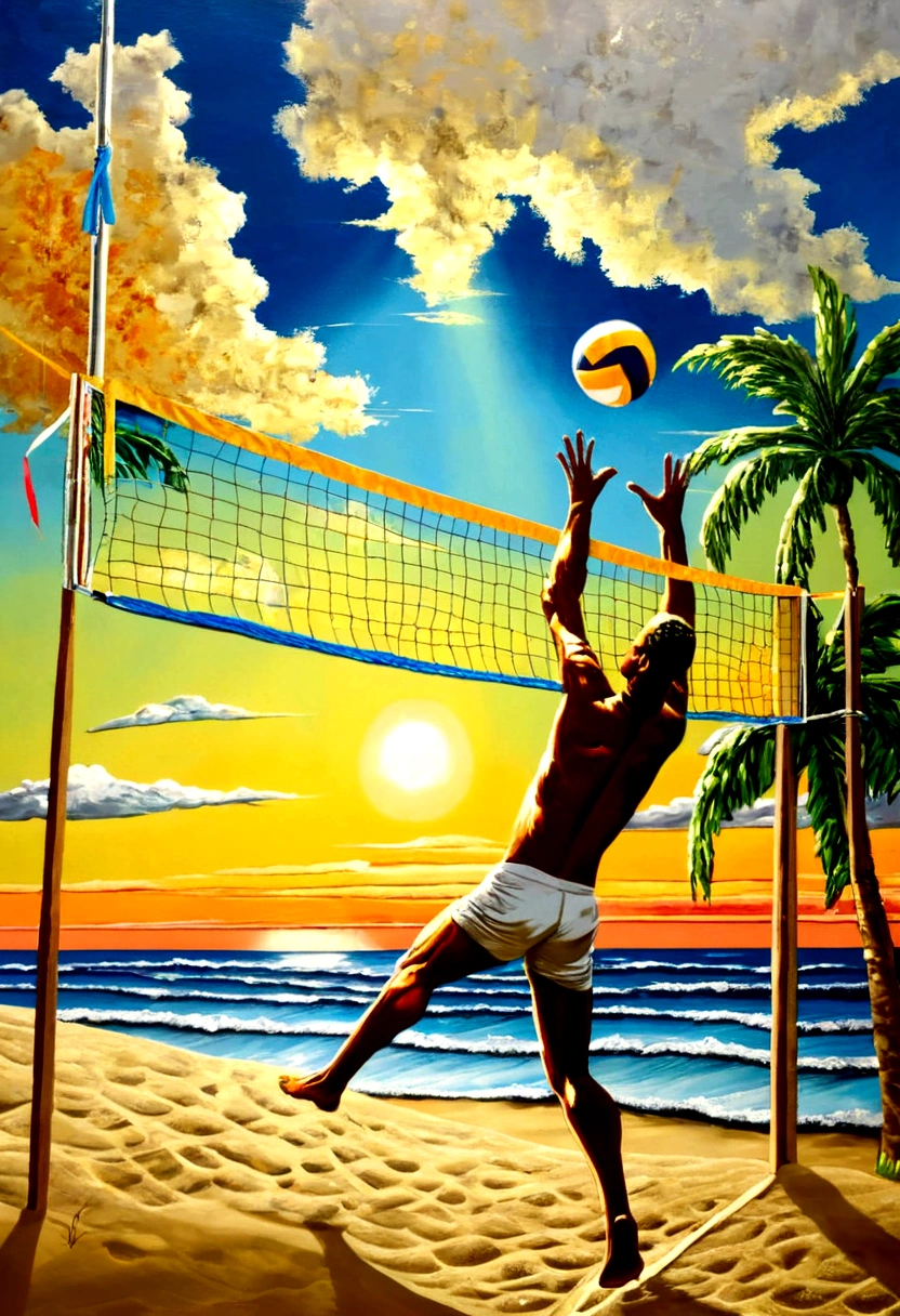 Beach Volleyball, by Justin Gaffrey, full body, cinematic still, cinemascope, best quality, masterpiece, very aesthetic, perfect composition, intricate details, ultra-detailed, vivid colors