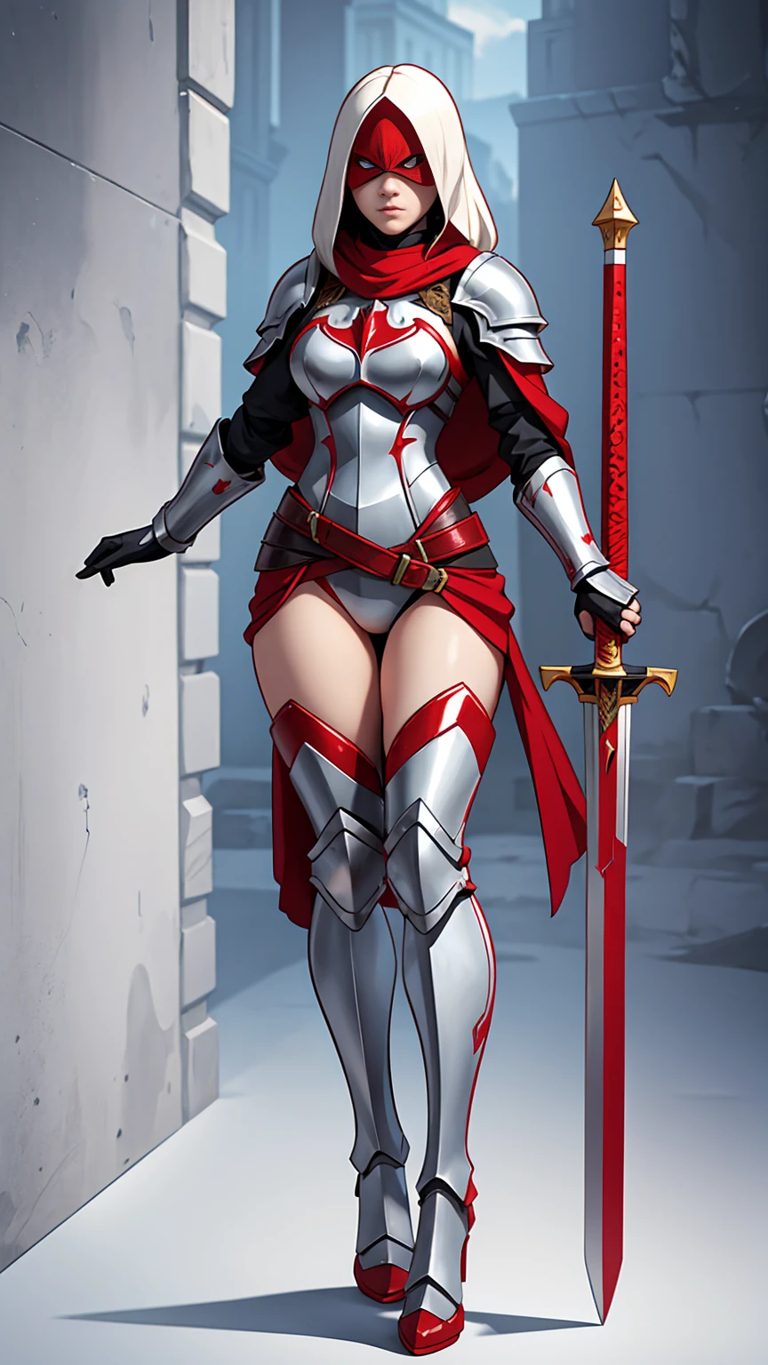 ((full body photo))) 1 An albino knight girl with long hair wearing heavy armor with a red hood carrying long swords
