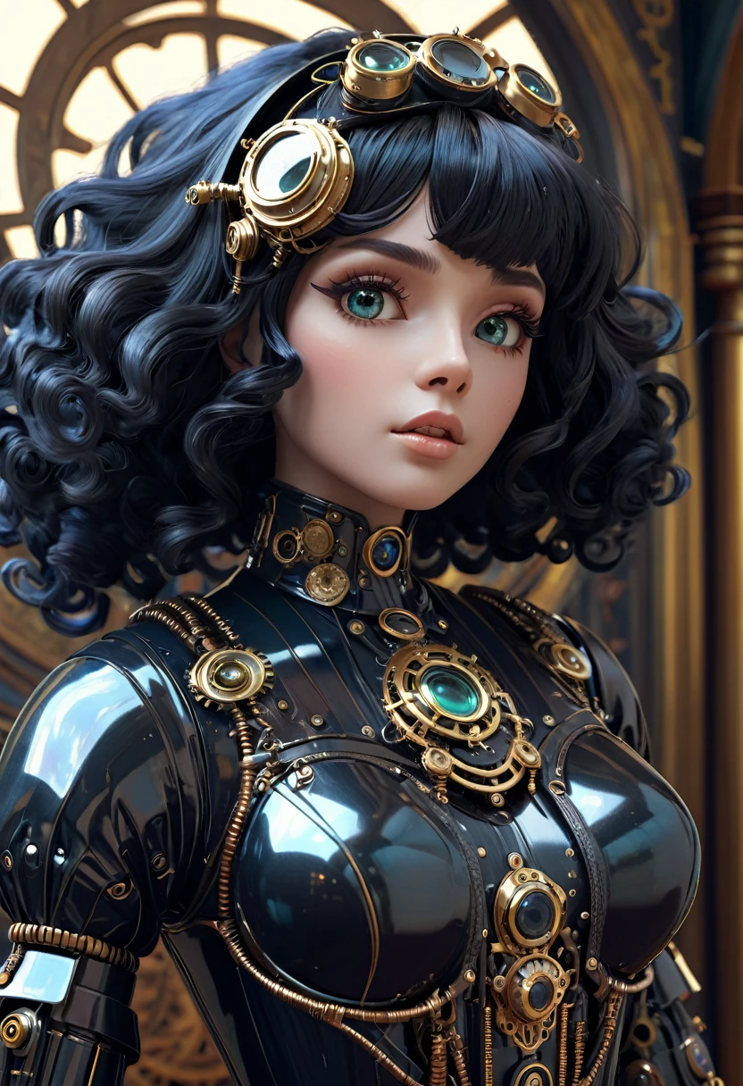 A steam punk style obsidian robot with a human like obsidian face. female figure. Wearing wig of spun obsidian. Ultra HD, Rococo-Inspired Fantasy Art With Intricate Details. (8K High Resolution) (top-quality)
