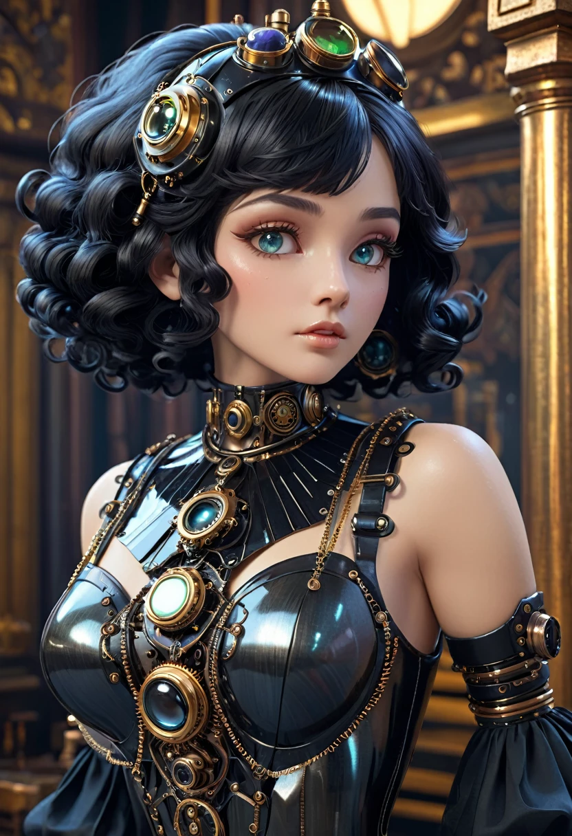 A steam punk style obsidian robot with a human like obsidian face. female figure. Wearing wig of spun obsidian. Ultra HD, Rococo-Inspired Fantasy Art With Intricate Details. (8K High Resolution) (top-quality)