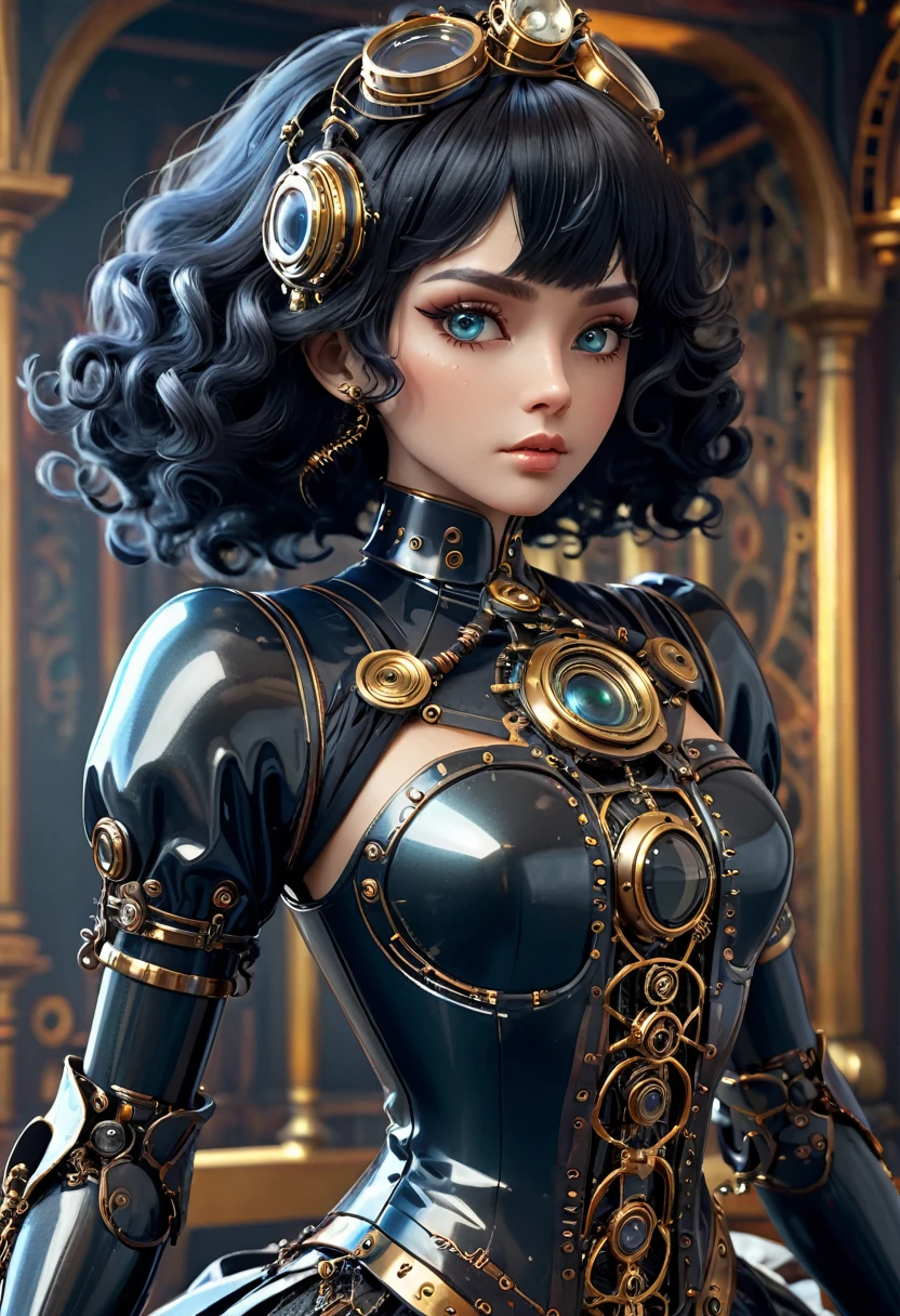 A steam punk style obsidian robot with a human like obsidian face. female figure. Wearing wig of spun obsidian. Ultra HD, Rococo-Inspired Fantasy Art With Intricate Details. (8K High Resolution) (top-quality)