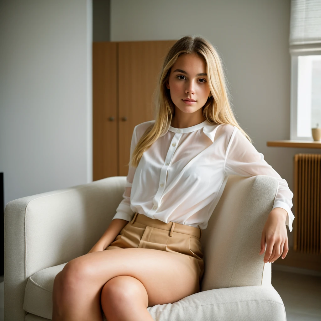 young girl, natural blonde, he is wearing a transparent shirt is in a modernist living room. sits on a white minimalist armchair. Ultra-high resolution, (photorealistic: 1.4), high resolution, (brown eyes), (finely detailed skin), (perfectly proportioned) (photo realistic) (masterpiece) (photorealistic), ultrarealistic (Best Quality) (Detailed) photographed in a Canon EOS R5, 50mm Lens, F/2.8, (8K) (Wallpaper) (Natural lighting) (Convoluted) Fashion