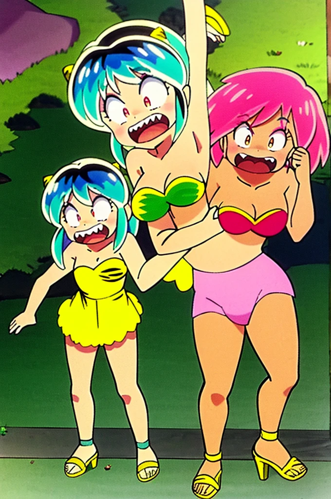Lum, urusei yatsura, Yellow dress, pink cardigan, sharpteeth, standing,smile, matial art, large breast, sandals, open mouth, looking at the veiwers, masterpiece, outdoors, garden,