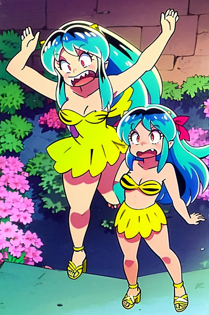 Lum, urusei yatsura, Yellow dress, pink cardigan, sharpteeth, standing,smile, matial art, large breast, sandals, open mouth, looking at the veiwers, masterpiece, outdoors, garden,