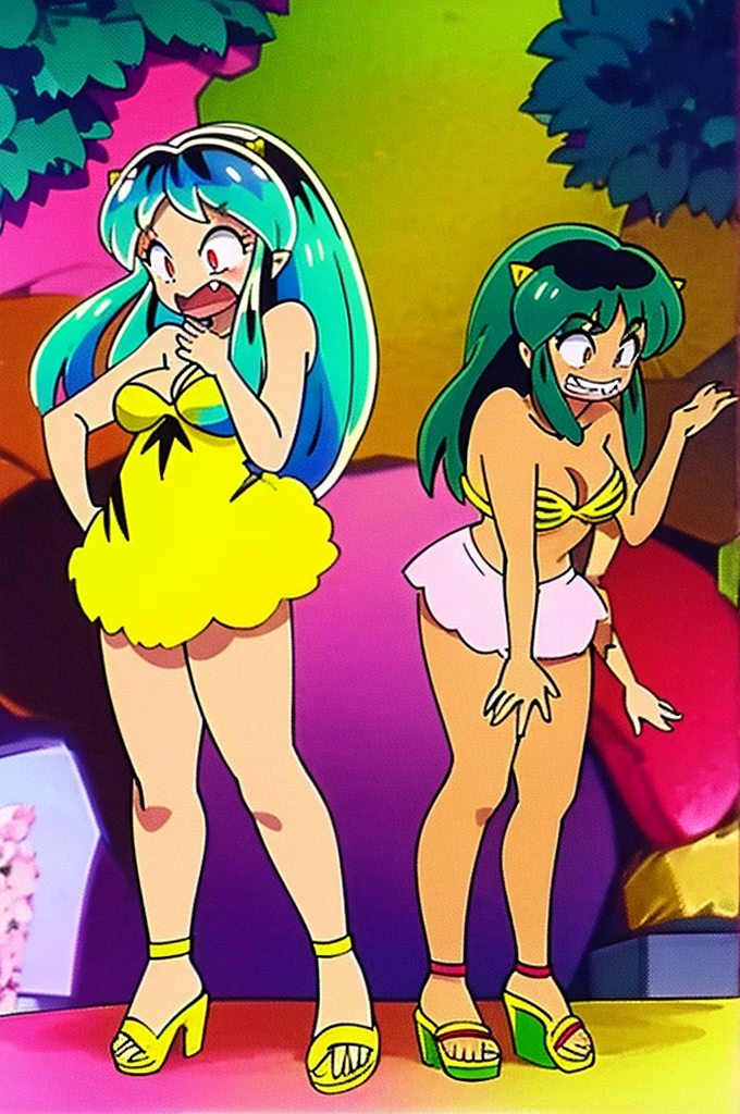 Lum, urusei yatsura, Yellow dress, pink cardigan, sharpteeth, standing,smile, matial art, large breast, sandals, open mouth, looking at the veiwers, masterpiece, outdoors, garden,